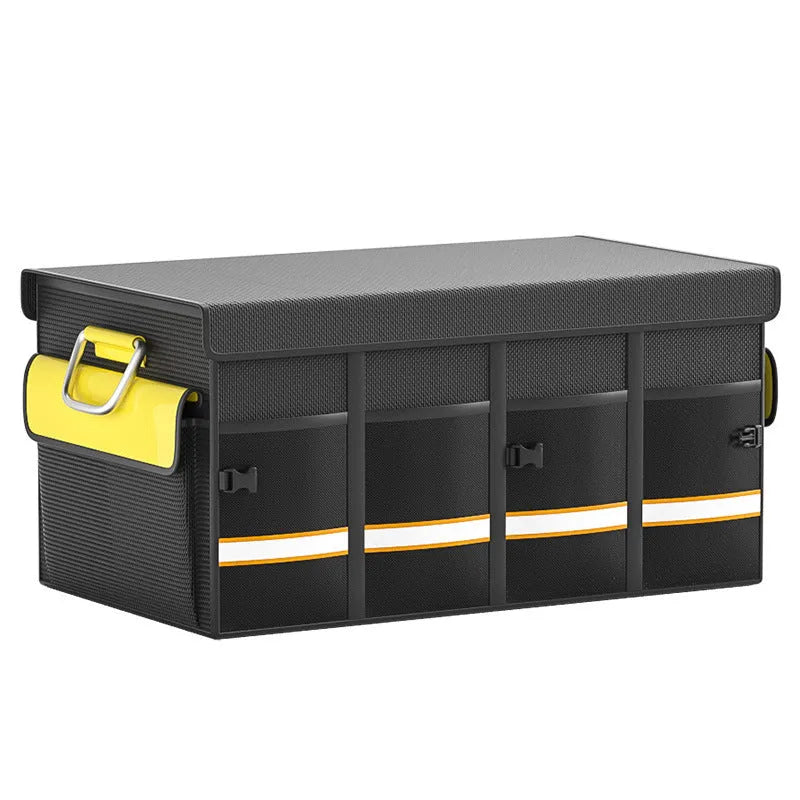 Black and yellow foldable car boot storage organiser bag with carry handle in three size options
