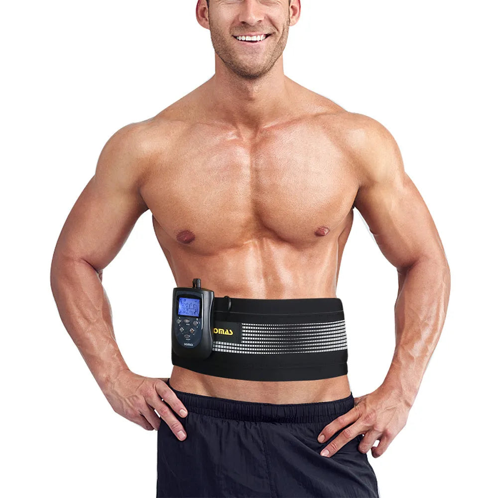 Black battery-powered electronic massager with mechanical controls for abdomen and back treatment