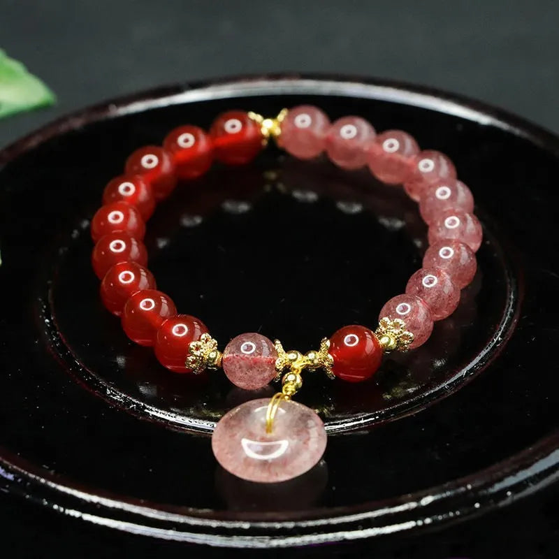 Red agate strawberry quartz bracelet with electroplated finish, drop-shaped geometric beads, retro New Chinese style