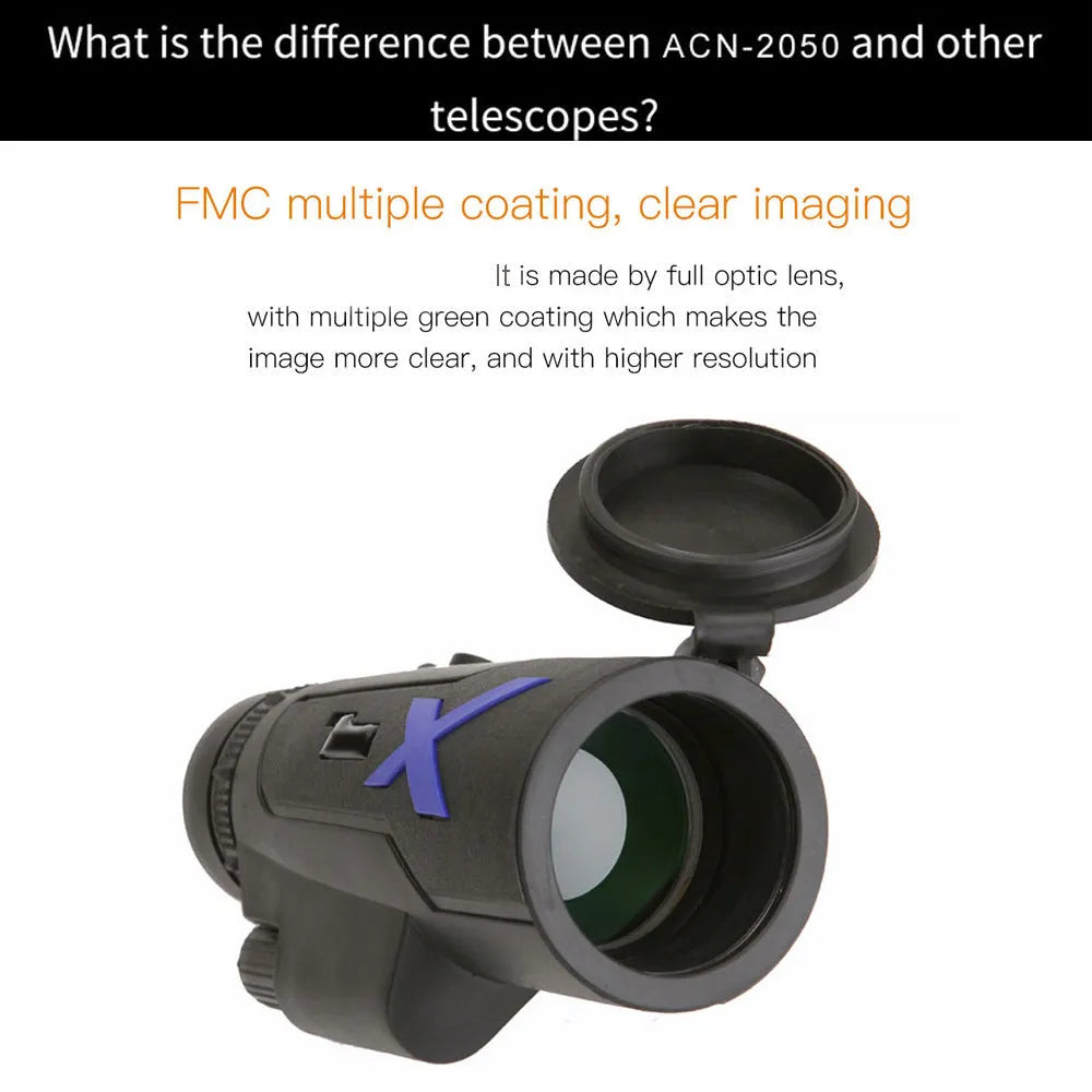 Black 20x50 monocular telescope showing objective lens and eyepiece