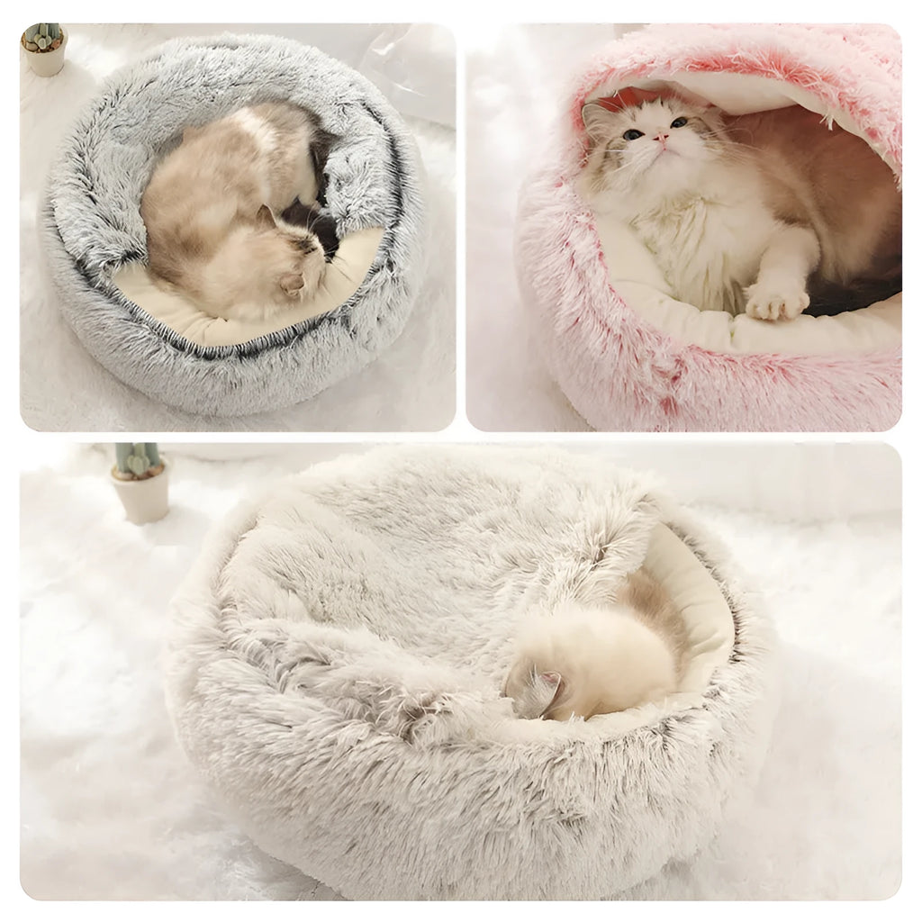 Round crystal velvet cat nest in grey with raised rim, semi-enclosed design, and Oxford bottom base