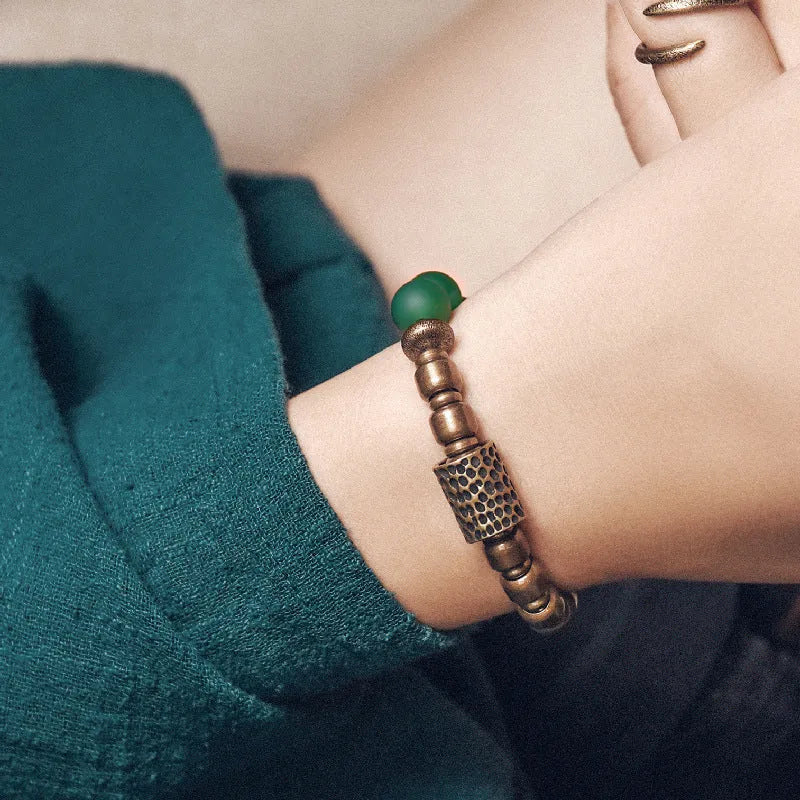 Retro ethnic style couples bracelet made from natural crystal and green agate stone beads.
