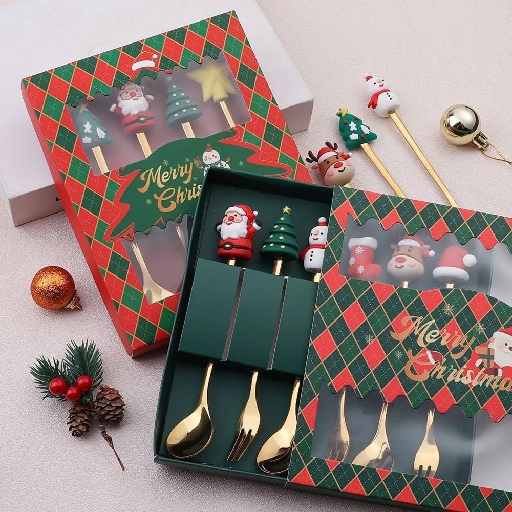 Red stainless steel Christmas spoon and fork set with tree and snowman handle designs