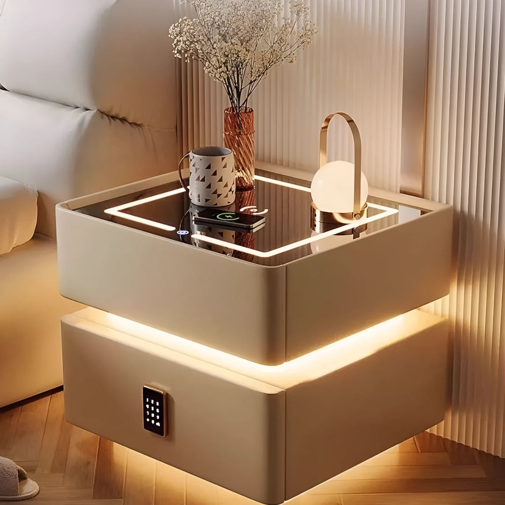 Nordic style smart bedside cabinet with wireless charging pad, Bluetooth speaker, and switch panel in white and black wood finish