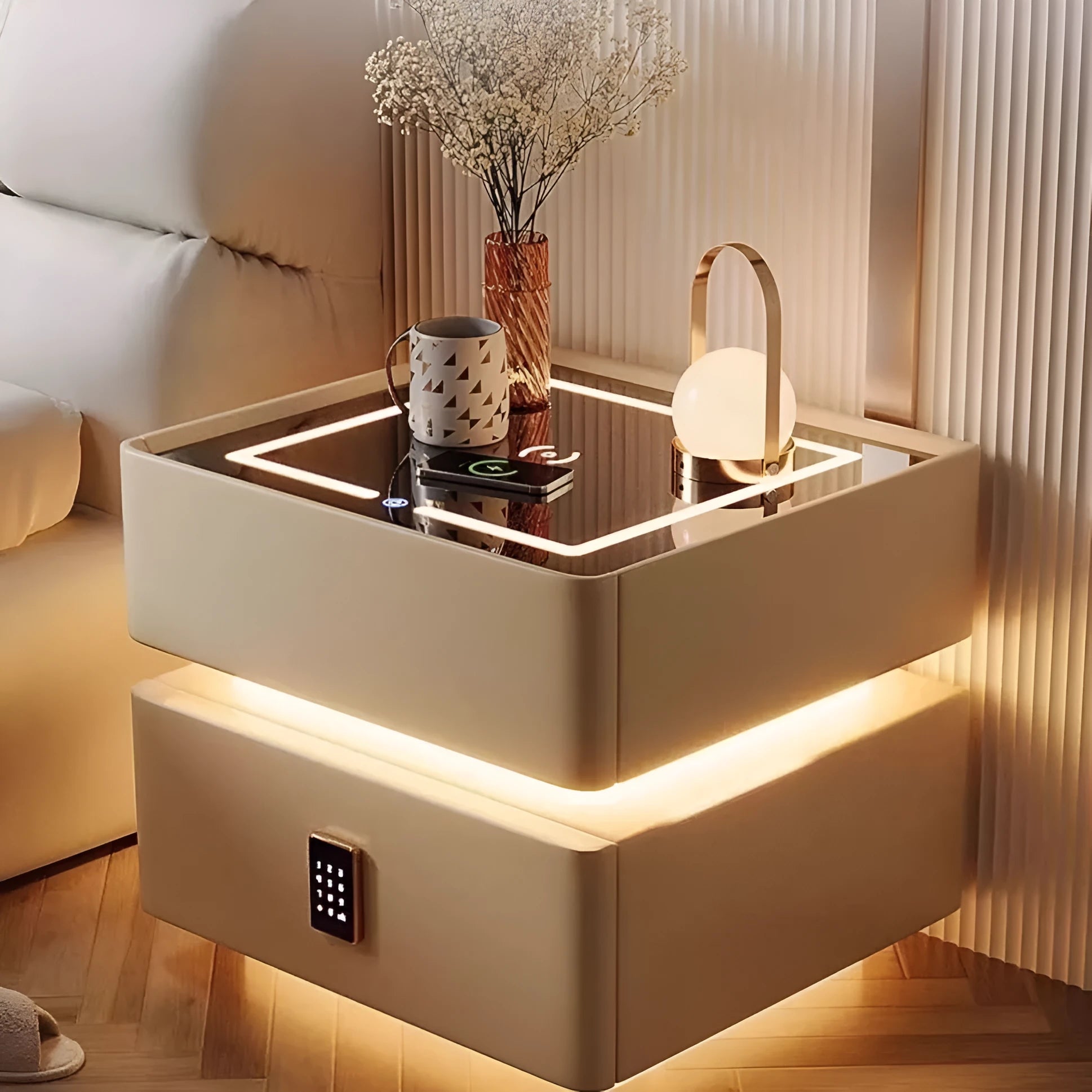 Nordic style smart bedside cabinet with wireless charging pad, Bluetooth speaker, and switch panel in white and black wood finish
