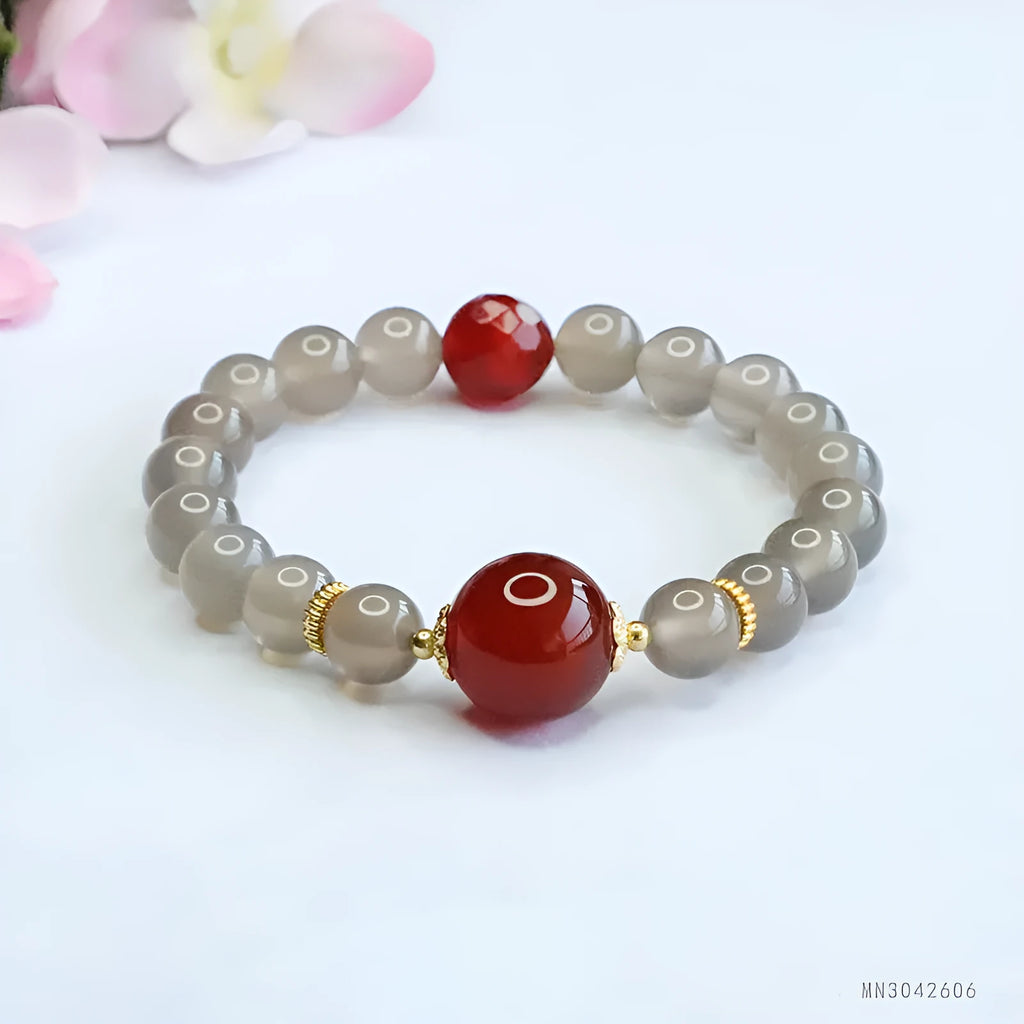 Smoky purple chalcedony and red agate bracelet with 8mm geometry beads.