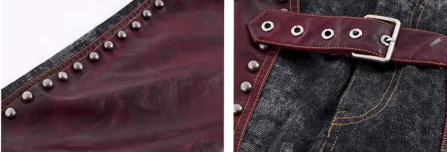 Red special-interest heavy industry rivets leather vest coat set with lapel collar and matching pants