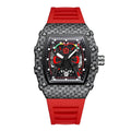 Trendy waterproof luminous men's quartz watch with black alloy case and stainless steel back, displayed on a white background