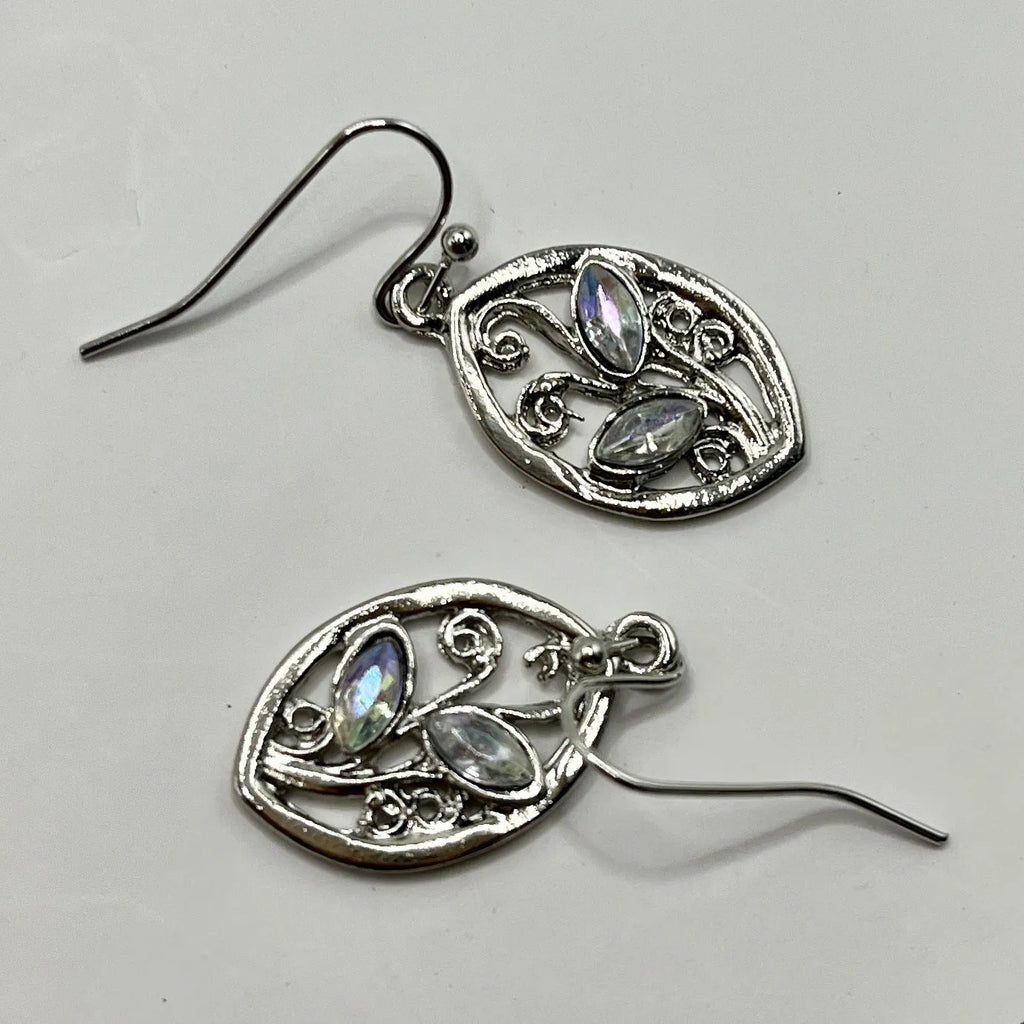 Silver women's earrings with leaf design and colourful embedded moonstones Europe America style