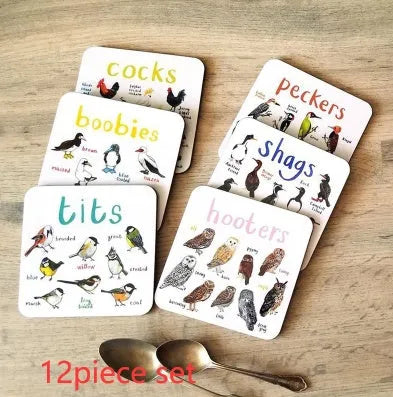 Bird pun coaster set, square PVC drink mats, 10x10x0.35 cm, 6 or 12 pieces