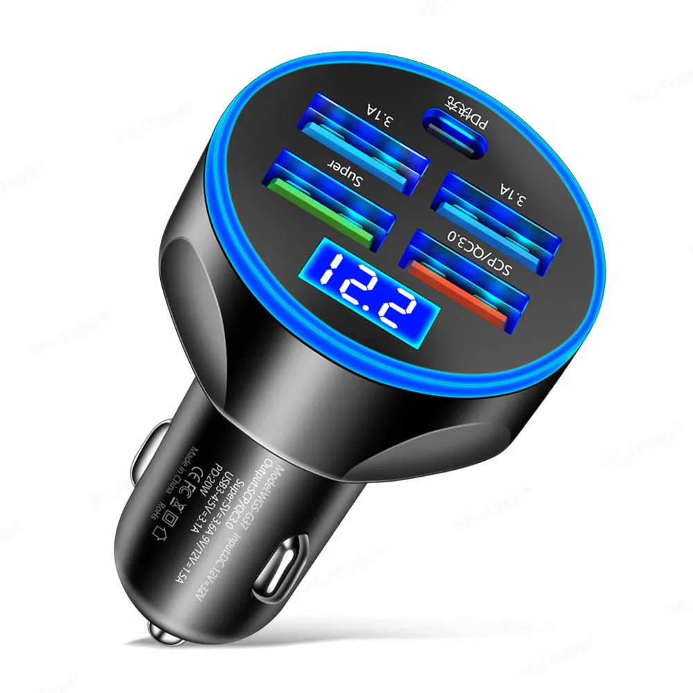 Super fast charge 5-in-1 car charger with digital display, black, USB and PD ports