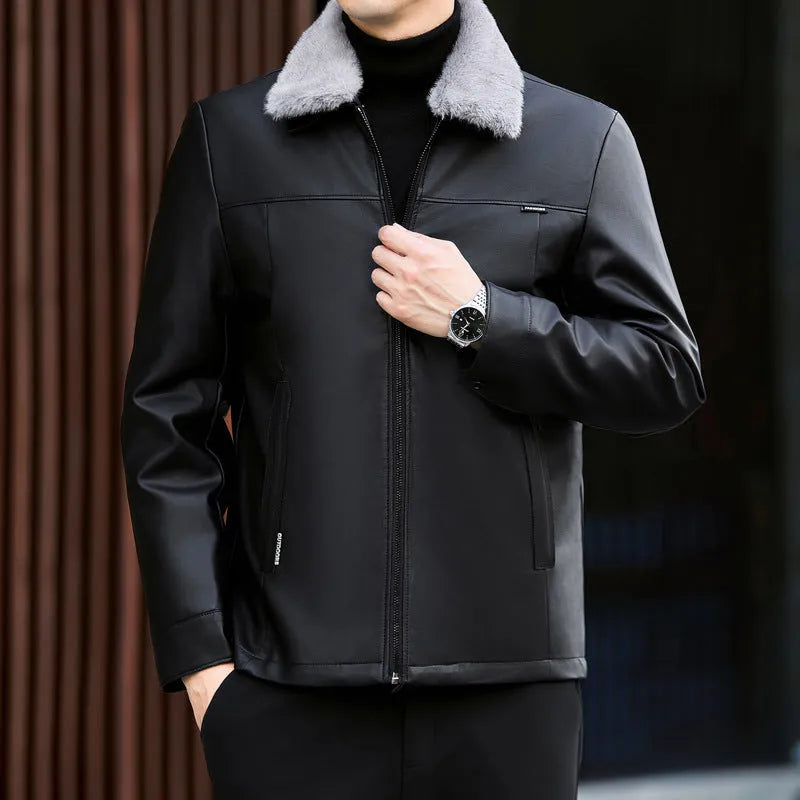 Men's PU leather down jacket thickened winter coat black regular fit short length side pockets