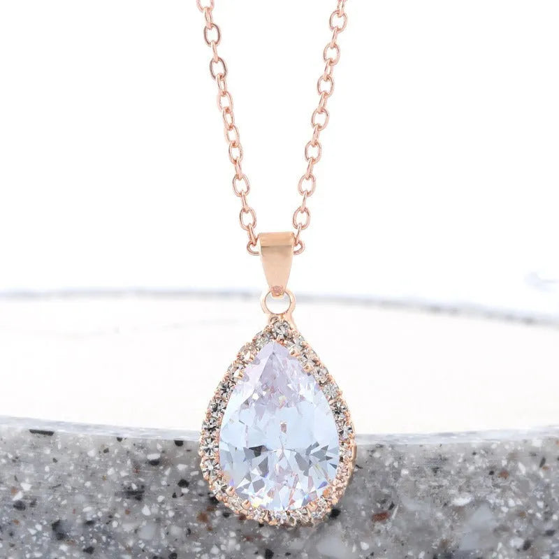 Geometric rhinestone water drop necklace in rose gold electroplated finish