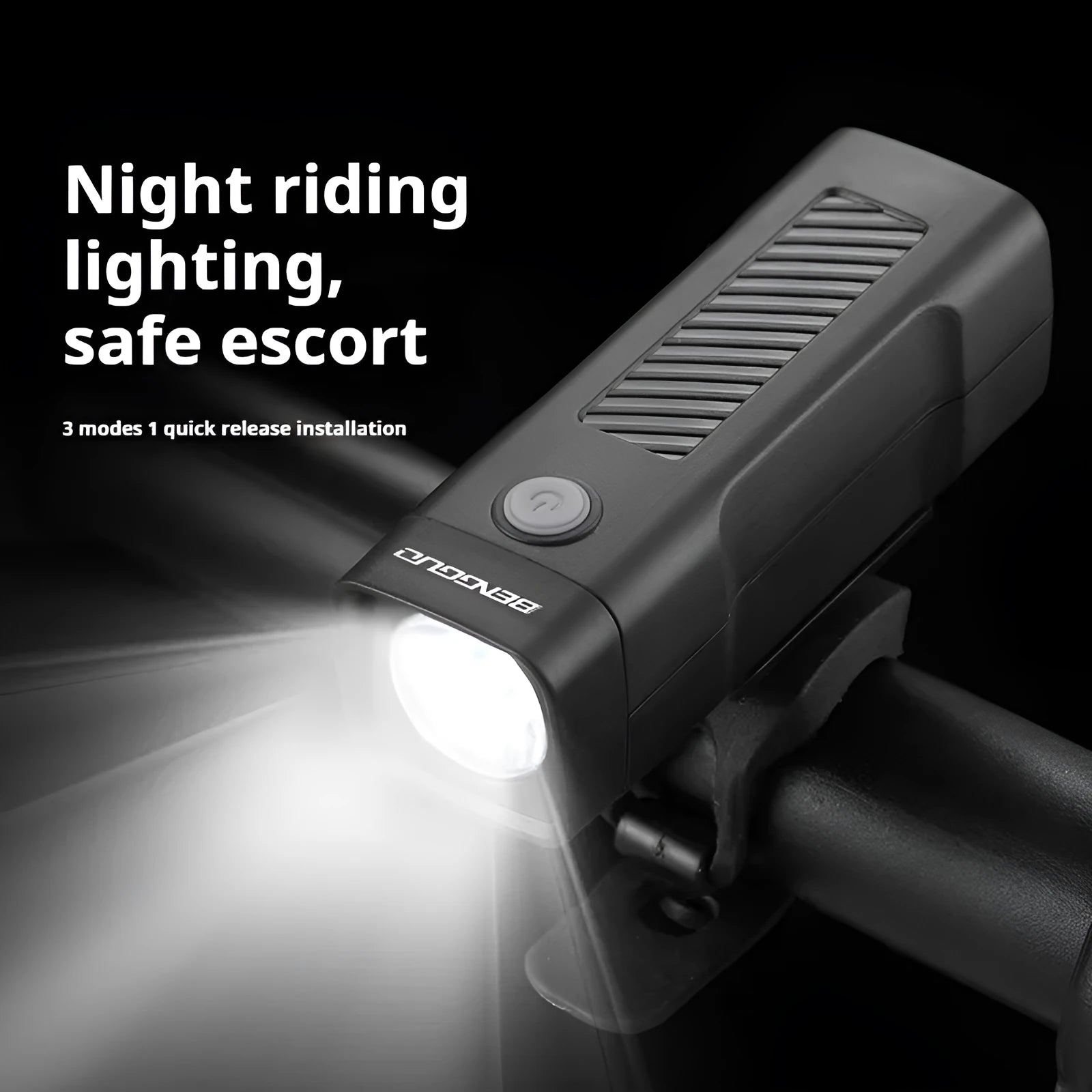 Black bicycle headlight with quick release strap bracket mounted on handlebars