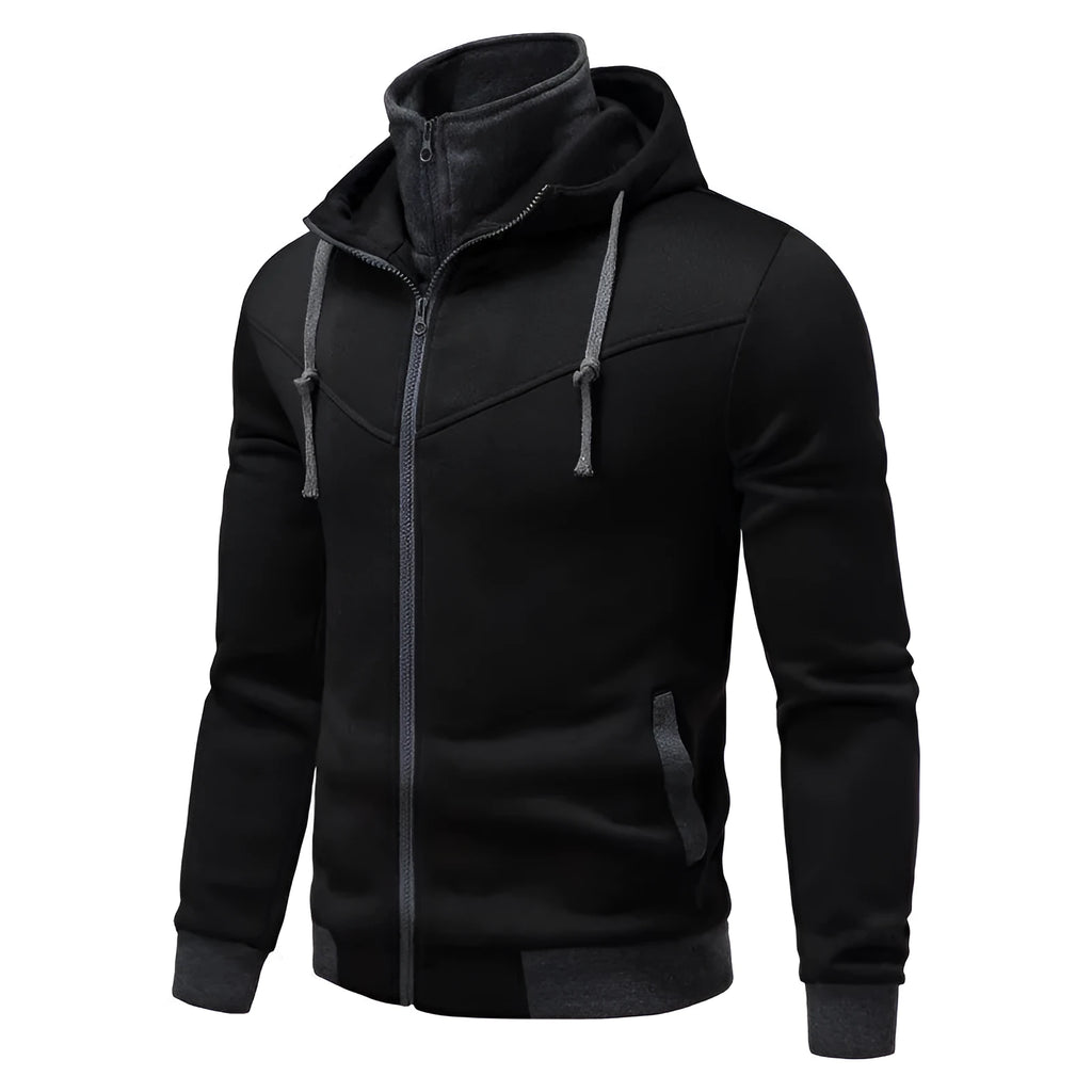 Sports Leisure Color-block Hooded Jacket in black slim fit polyester cardigan style