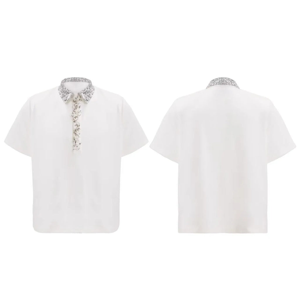 Men's black square collar polo shirt with embroidery sequin detailing on front