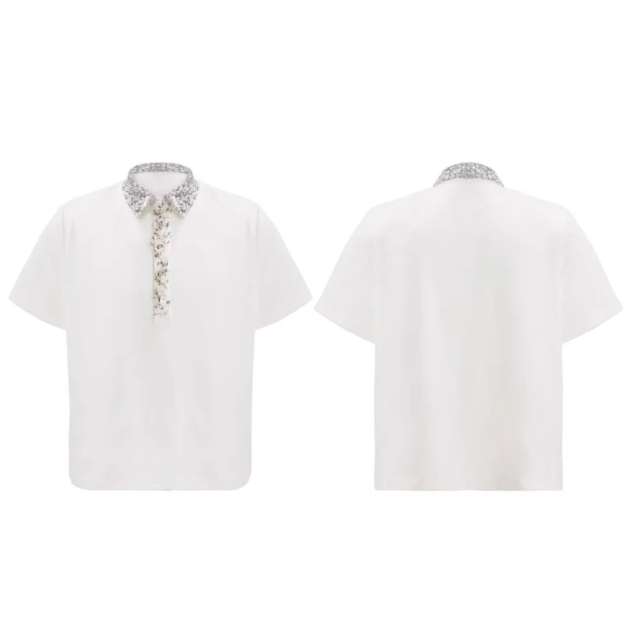 Men's black square collar polo shirt with embroidery sequin detailing on front
