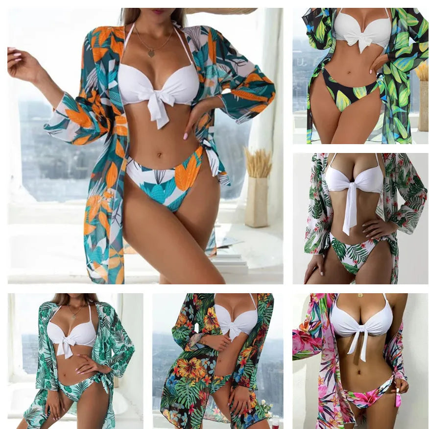 Women's three-piece bikini swimsuit set with mesh split design showing top, pants, and coat
