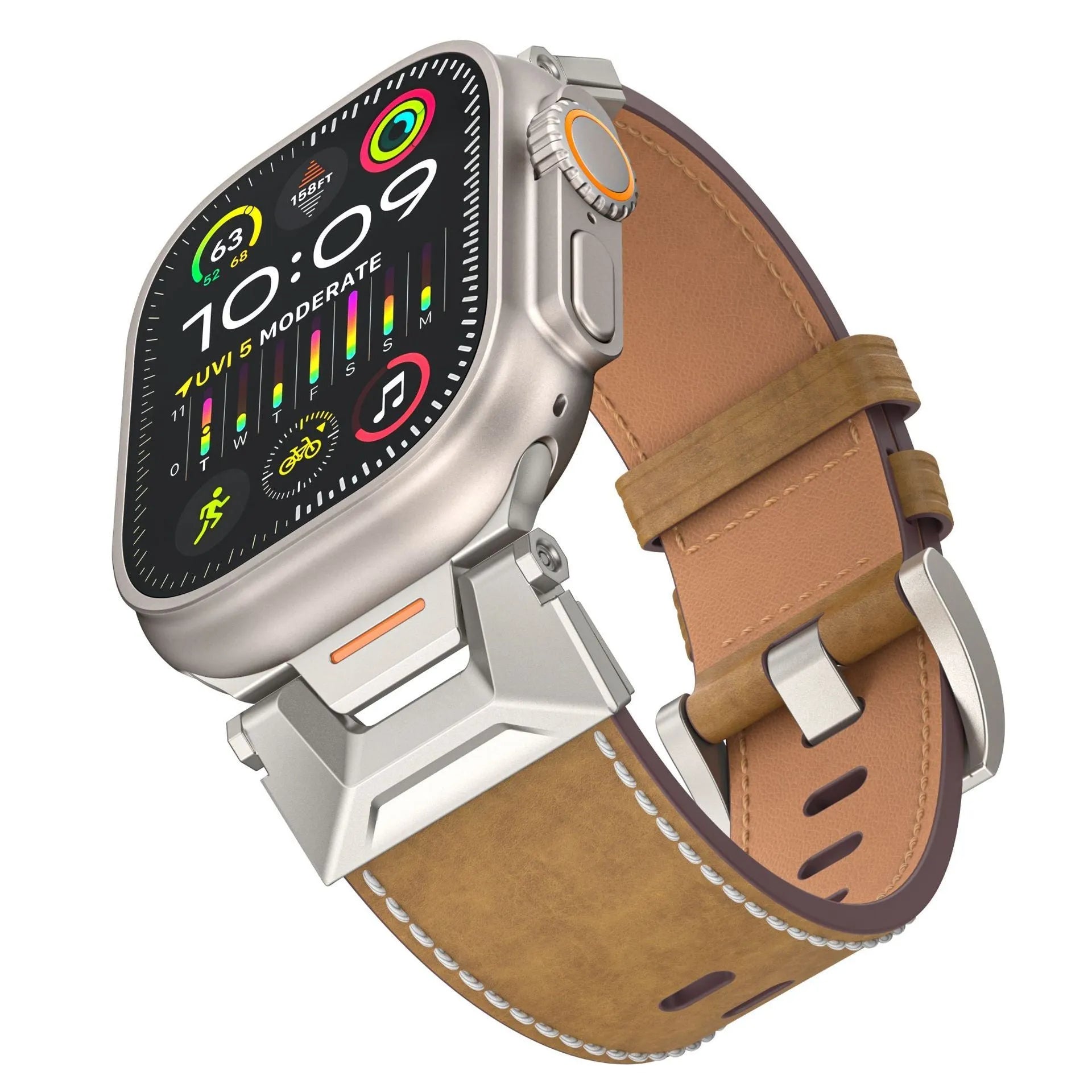 Business style belt watch band for Apple Watch 42-49mm, Black Napa leather strap on a wooden surface