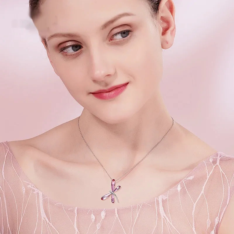 Crystal dragonfly pendant necklace on copper box chain, adjustable 21-50cm, available in denim blue colour option