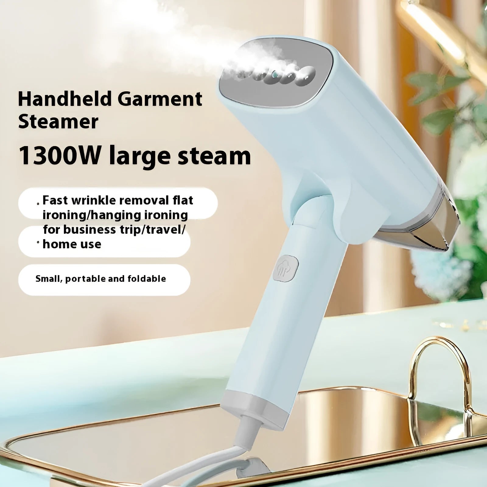 Blue handheld garment steamer with water tank and temperature control dial