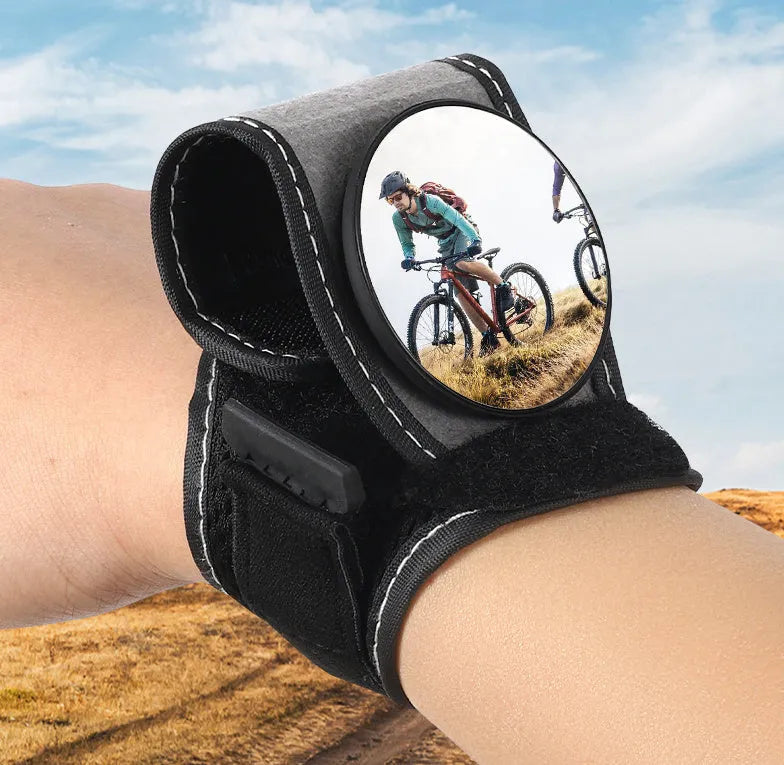 Black nylon bicycle wrist rear-view mirror with quick-fit attachment for handlebars or wrist