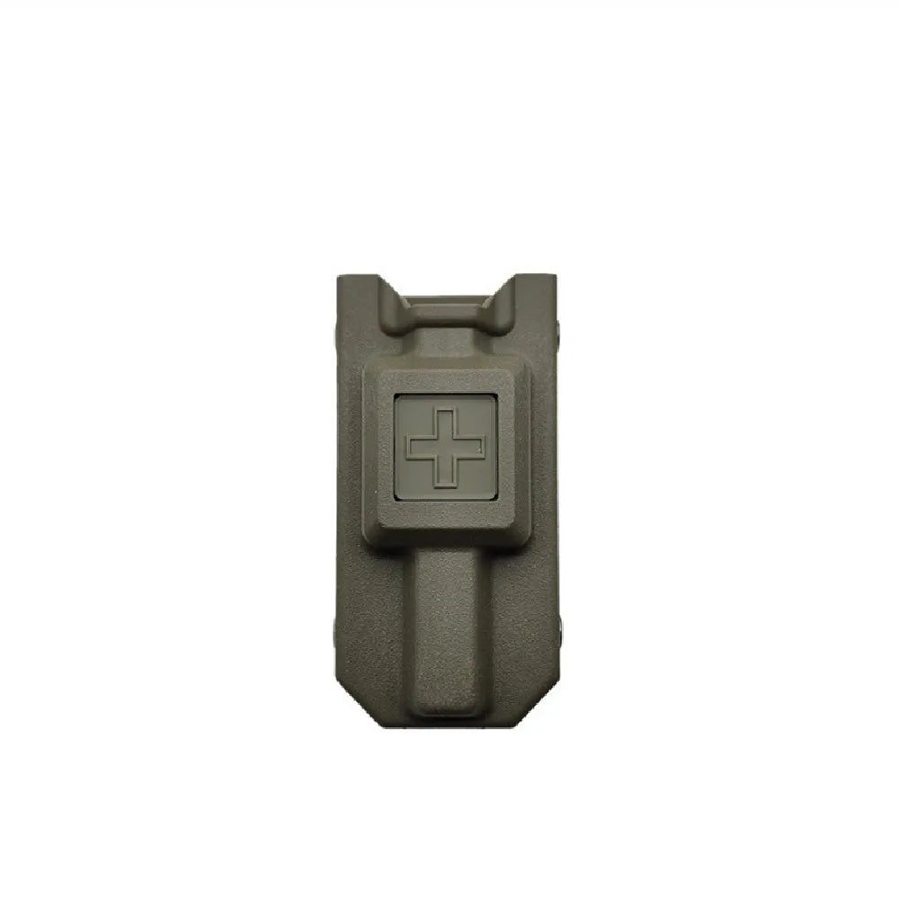 Plastic tourniquet training device in army green colour with a matching storage box.