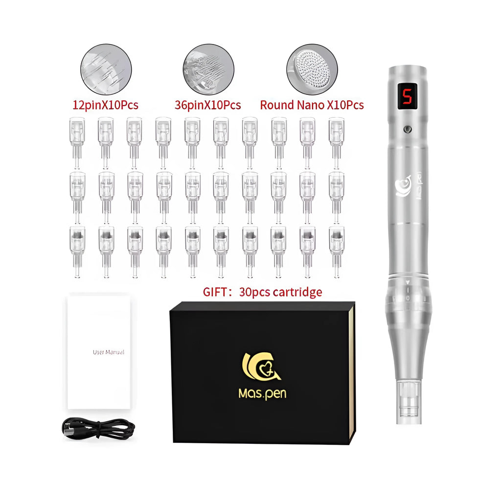 Electric spiral mouth microneedle pen device with stainless steel needle cartridge