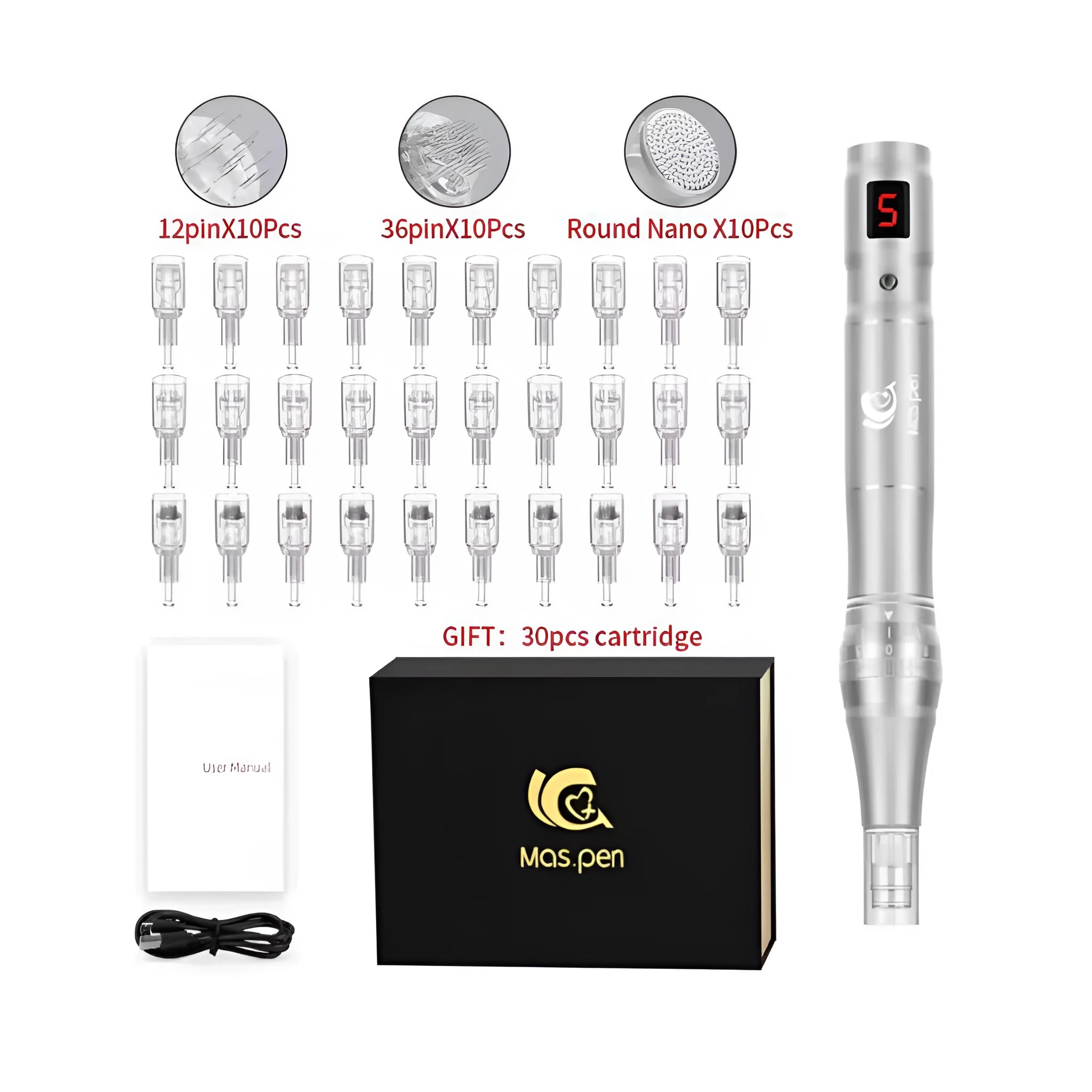 Electric spiral mouth microneedle pen device with stainless steel needle cartridge
