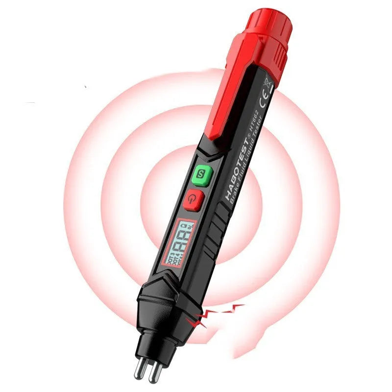 Digital brake fluid tester with display screen showing colour-coded moisture readings
