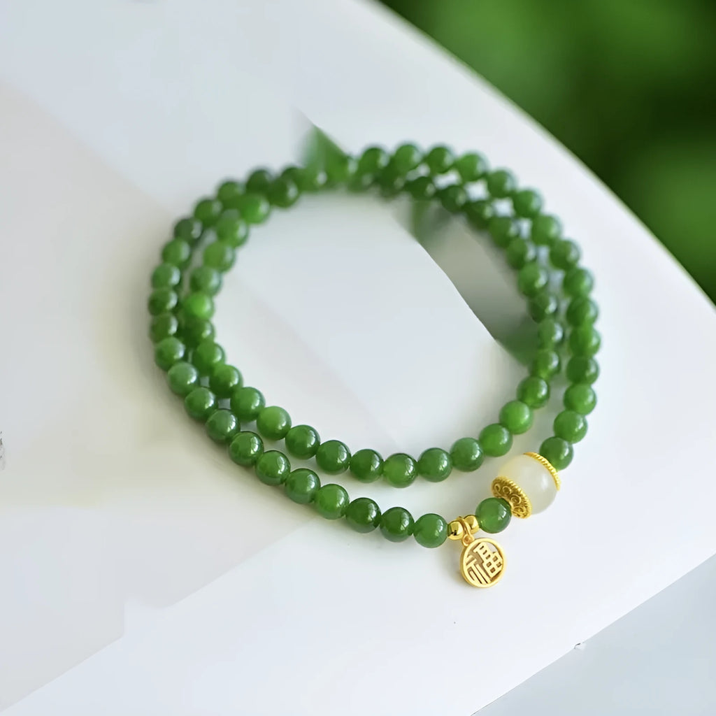 Natural Hetian jade double circle bracelet with fu character engraving