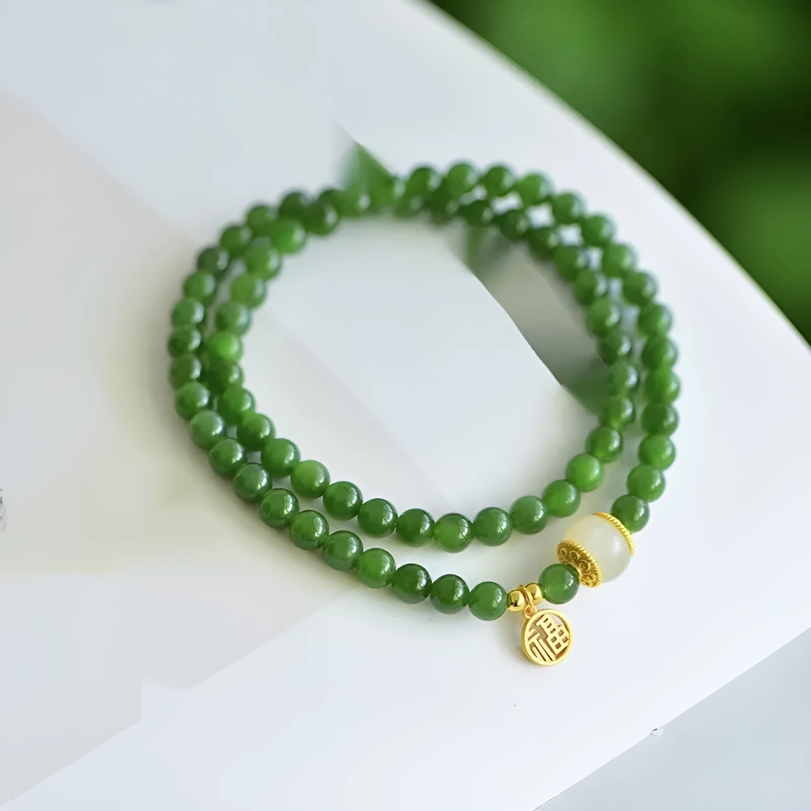 Natural Hetian jade double circle bracelet with fu character engraving
