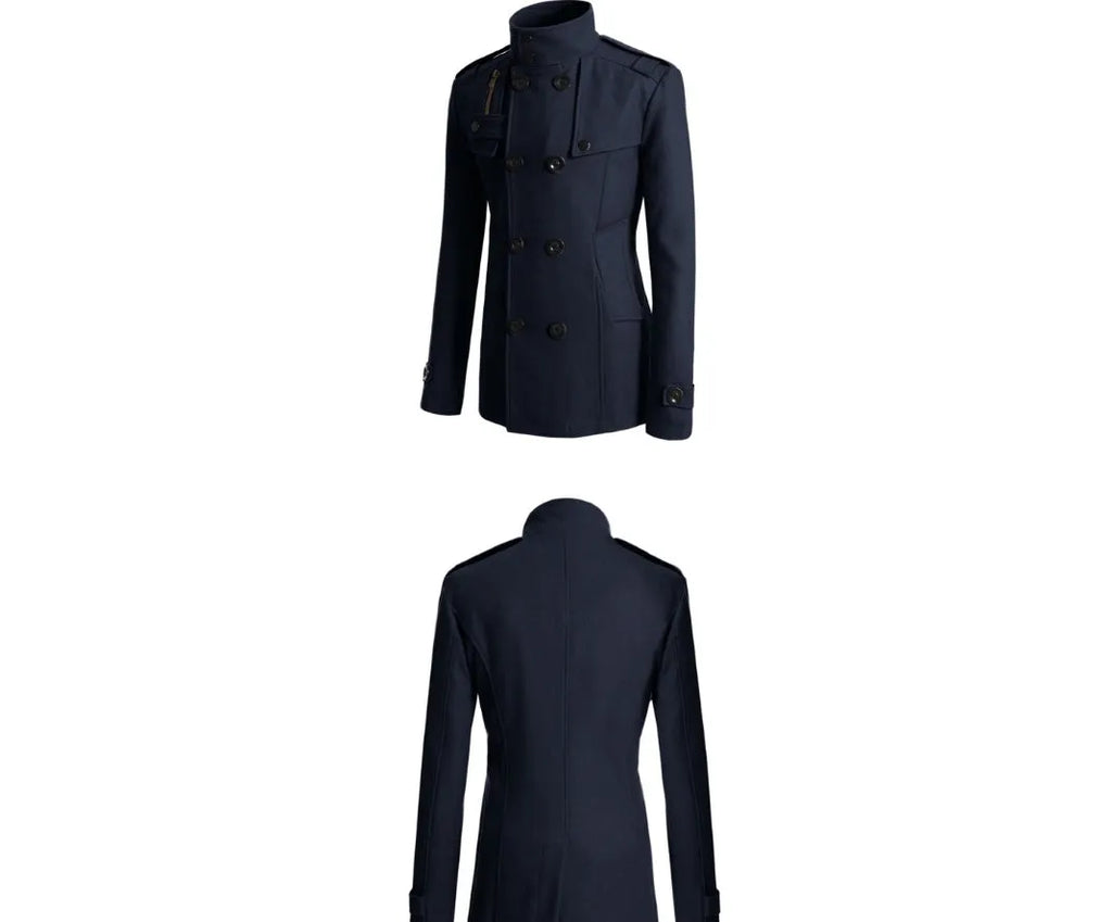 Men's woolen trench coat in cotton blend, single breasted, notched lapel, in khaki colour on model