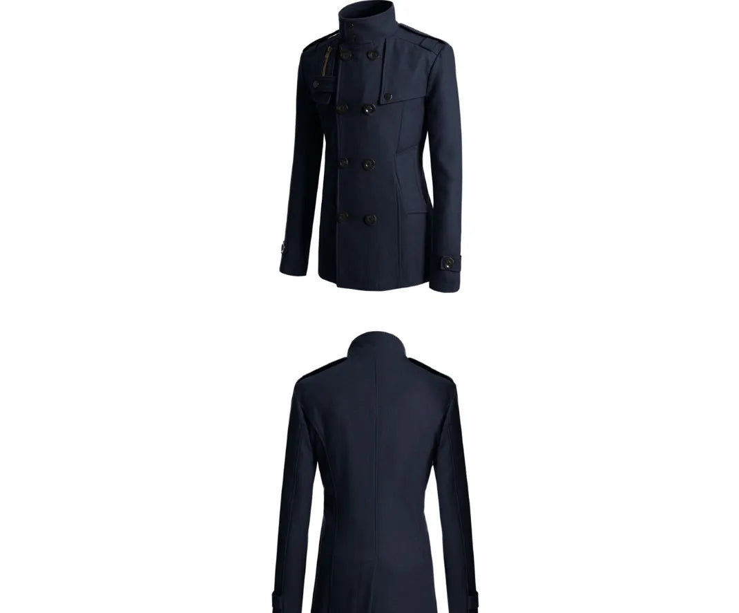 Men's woolen trench coat in cotton blend, single breasted, notched lapel, in khaki colour on model