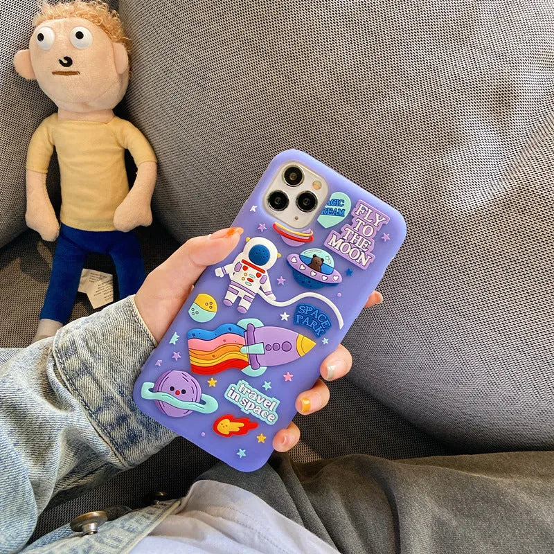Purple silicone iPhone case with a cartoon astronaut graphic, showing front and back views.