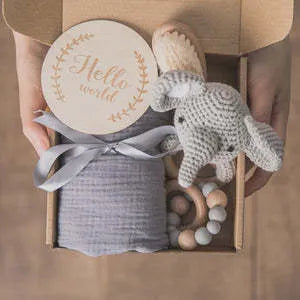 Baby teething toy set with bamboo blanket, wooden teether, bell, tyre brush and milestone for infant development