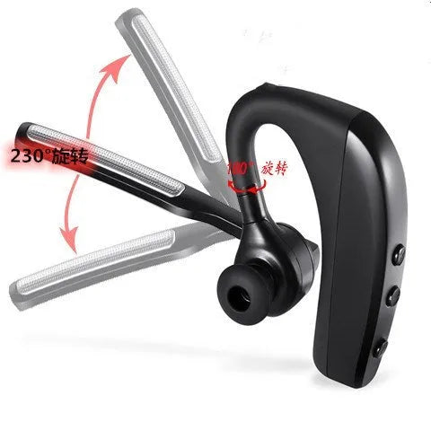 Black true wireless Bluetooth headset with charging case showing separate left and right earpieces