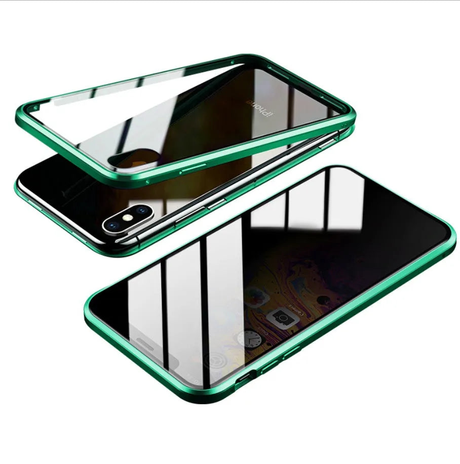 Geometric patterned glass anti-spy clamshell case for iPhone in multiple colours.