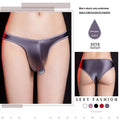 Men's low waist T-back underwear in shiny nylon fabric, shown in black, dark grey, pink, red, or white.