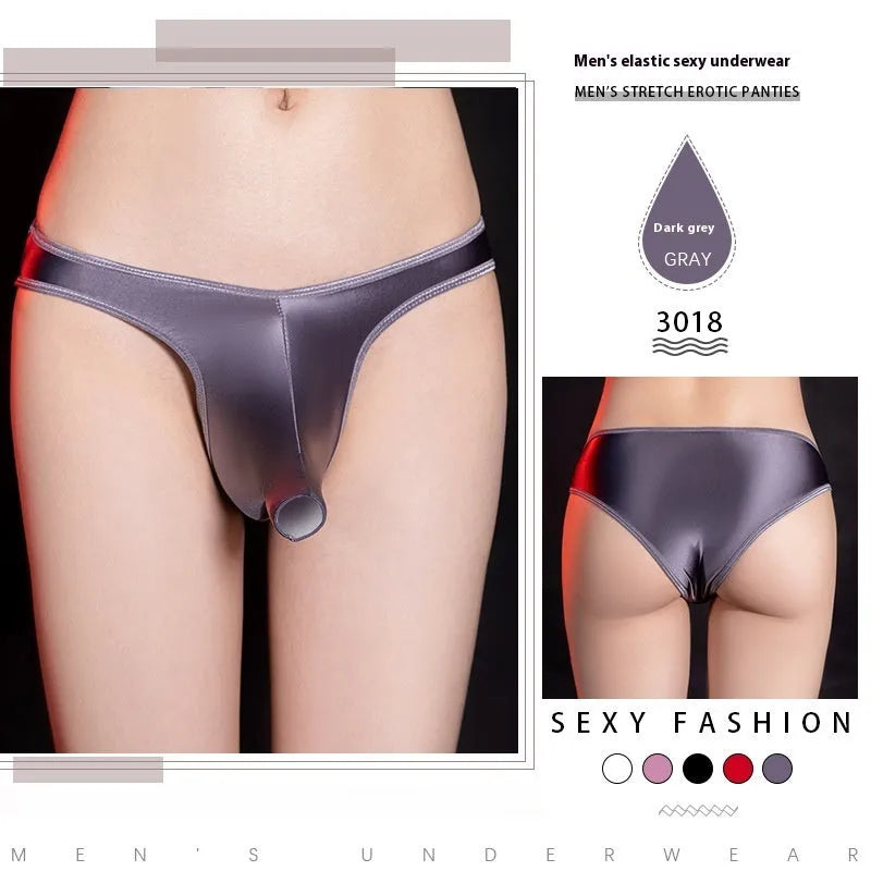 Men's low waist T-back underwear in shiny nylon fabric, shown in black, dark grey, pink, red, or white.