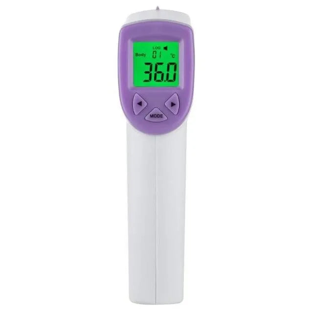 White PK58B non-contact infrared thermometer held near adult forehead with LCD screen showing temperature