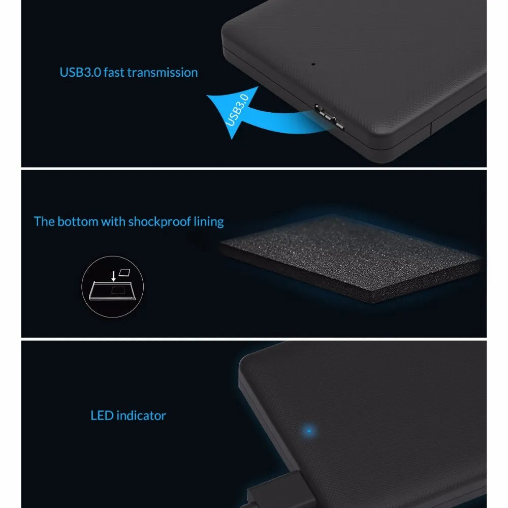 ORICO 2577U3 black external hard drive enclosure with USB 3.0 interface on a desk