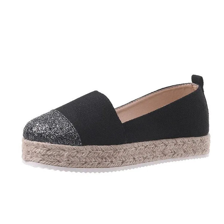 Plus size black and beige canvas slip-on shoes with round toe and cloth upper