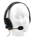Black PS4 gaming headset with bilateral ear cushions and wired connection showing 76cm width dimensions