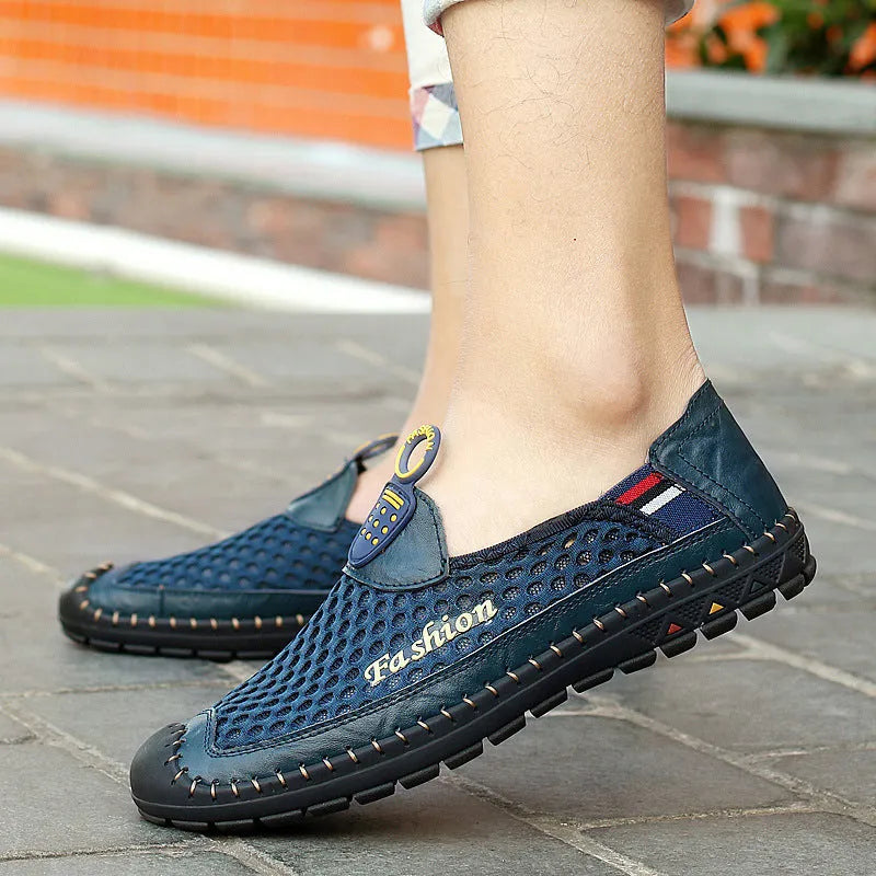 Men's casual mesh shoes with round toe and rubber sole in brown, dark blue, or dark green