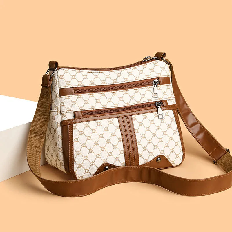 Women's brown stitching pattern crossbody bag made from PU leather with large interior capacity