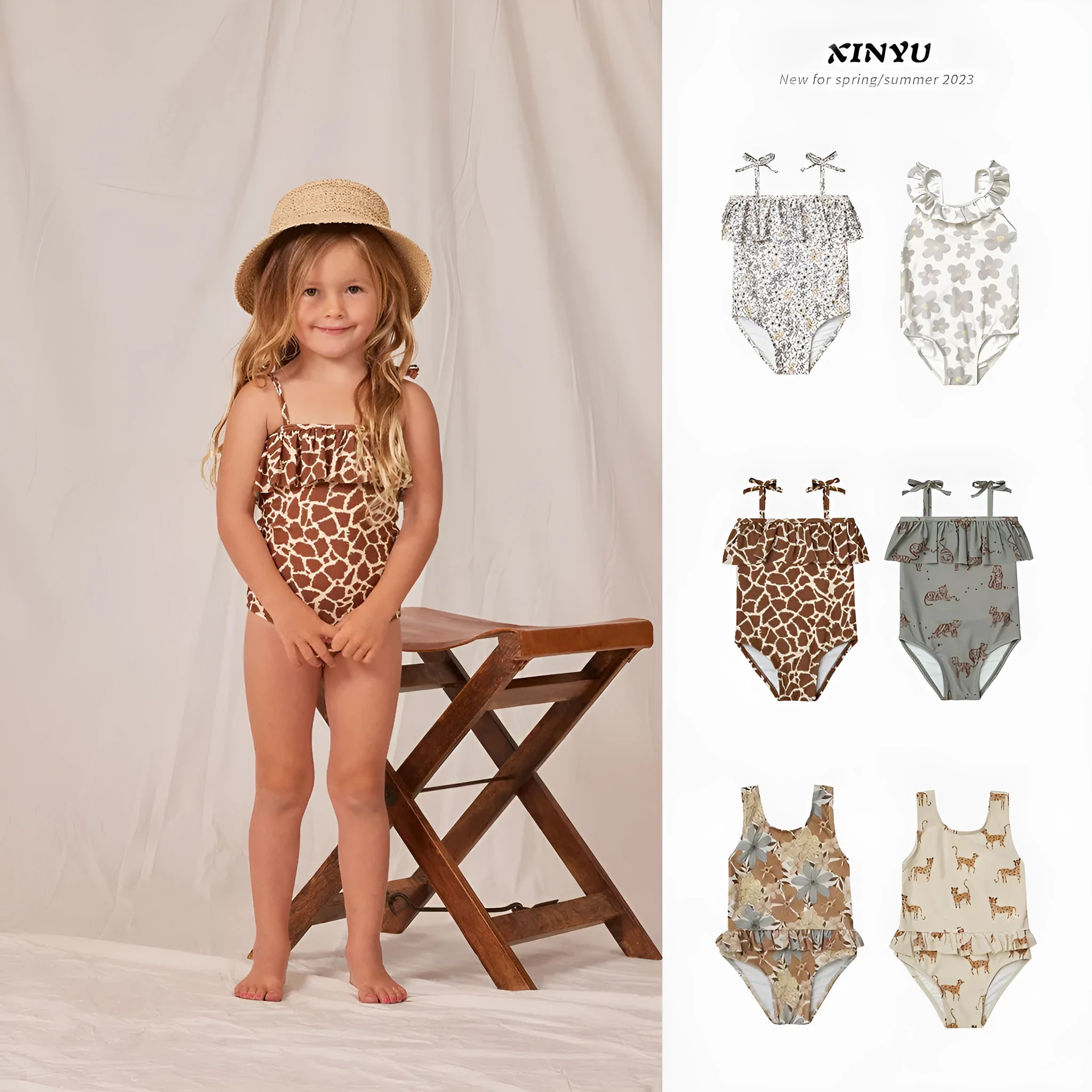 Girls' high elastic one-piece swimsuit in leopard print with quick-dry polyester construction