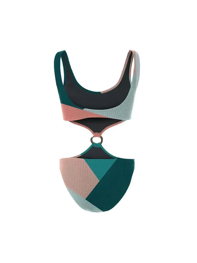 Women's two-piece bikini set with a matching mesh gauze skirt in contrast colours.