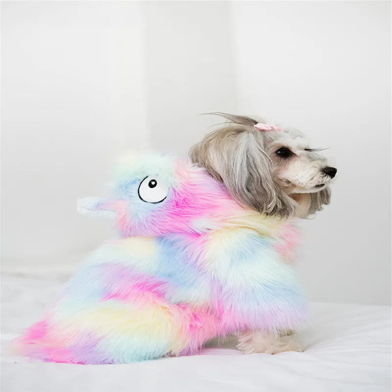Colourful rainbow little monster pet winter coat in cotton polyester blend, sizes XS to XL
