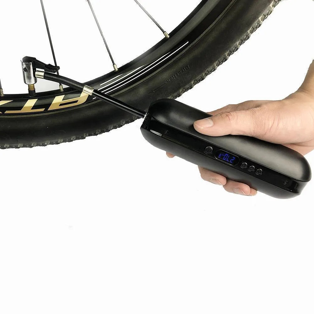 Rechargeable electric bike tyre inflator with LCD display, 150PSI pressure, compact black design